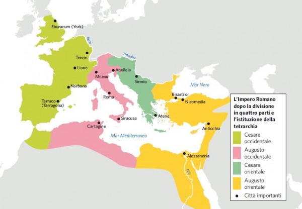 L'impero romano dopo la divisione in quattro parti e l'istituzione della tetrarchia